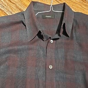 Theory Gray and Burgandy Casual Button Down Shirt.Medium.